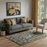 5' X 8' Black Gold And Beige Floral Washable Area Rug With UV Protection