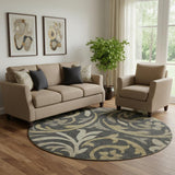 8' Black Gold And Beige Floral Washable Round Rug With UV Protection