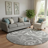 8' Charcoal Silver And Gray Floral Washable Round Rug With UV Protection