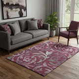 5' X 8' Burgundy Gray And Silver Floral Washable Area Rug With UV Protection
