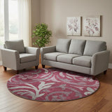 8' Burgundy Gray And Silver Floral Washable Round Rug With UV Protection
