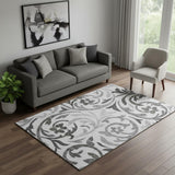 5' X 8' Gray Ivory And Silver Floral Washable Area Rug With UV Protection