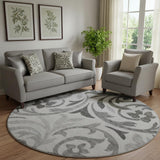 8' Gray Ivory And Silver Floral Washable Round Rug With UV Protection