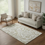 5' X 8' Ivory Beige And Taupe Floral Washable Area Rug With UV Protection