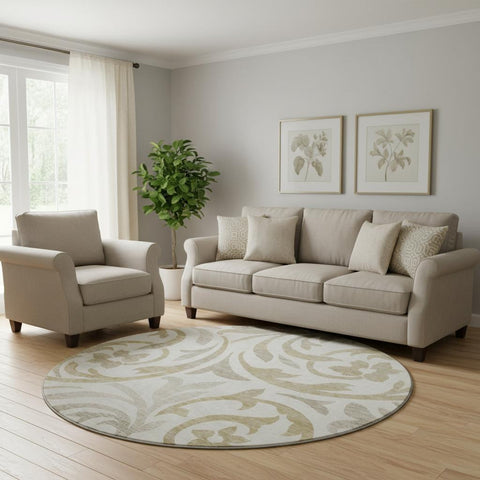 8' Ivory Beige And Taupe Floral Washable Round Rug With UV Protection