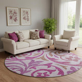 8' Lavender Blush And Ivory Floral Washable Round Rug With UV Protection