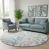 8' White Sage And Mauve Floral Washable Round Rug With UV Protection