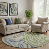 8' Beige Green And Blue Abstract Washable Round Rug With UV Protection