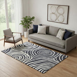 5' X 8' Black Ivory And Gray Abstract Washable Area Rug With UV Protection
