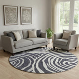 8' Black Ivory And Gray Abstract Washable Round Rug With UV Protection