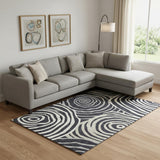 8' X 10' Black Ivory And Gray Abstract Washable Area Rug With UV Protection