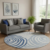 8' Blue And Ivory Abstract Washable Round Rug With UV Protection