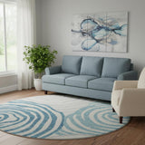 8' Teal Silver And Gray Abstract Washable Round Rug With UV Protection