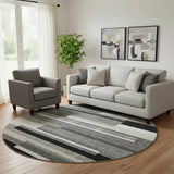 8' Black Gray And Ivory Striped Washable Round Rug With UV Protection