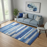 5' X 8' Blue Gray And Ivory Striped Washable Area Rug With UV Protection