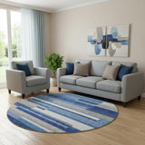 8' Blue Gray And Ivory Striped Washable Round Rug With UV Protection