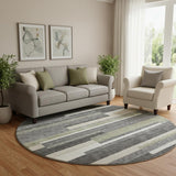 8' Charcoal Gray And Silver Striped Washable Round Rug With UV Protection