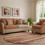 8' Coral Taupe And Orange Striped Washable Round Rug With UV Protection