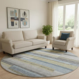8' Gray Blue And Ivory Striped Washable Round Rug With UV Protection