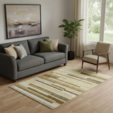 5' X 8' Khaki Taupe And Gold Striped Washable Area Rug With UV Protection
