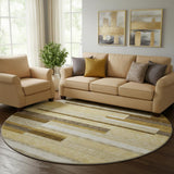8' Khaki Taupe And Gold Striped Washable Round Rug With UV Protection