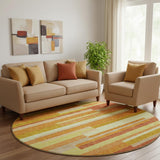 8' Orange And Gold Striped Washable Round Rug With UV Protection