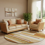 8' Rust Ivory And Taupe Striped Washable Round Rug With UV Protection