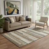 5' X 8' Taupe Gray And Silver Striped Washable Area Rug With UV Protection