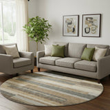8' Taupe Gray And Silver Striped Washable Round Rug With UV Protection
