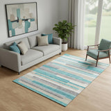 5' X 8' Teal Ivory And Beige Striped Washable Area Rug With UV Protection