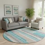 8' Teal Ivory And Beige Striped Washable Round Rug With UV Protection