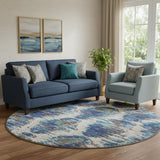 8' Blue Brown And Ivory Diamond Washable Round Rug With UV Protection