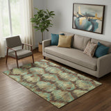 5' X 8' Brown Teal And Rust Diamond Washable Area Rug With UV Protection
