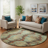 8' Brown Teal And Rust Diamond Washable Round Rug With UV Protection