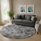 8' Black Gray And Silver Diamond Washable Round Rug With UV Protection