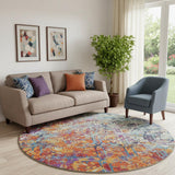 8' Copper Blue And Red Diamond Washable Round Rug With UV Protection