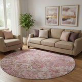 8' Pink Taupe And Ivory Diamond Washable Round Rug With UV Protection