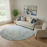 8' Sky Blue Gray And Ivory Diamond Washable Round Rug With UV Protection