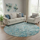 8' Teal Gray And Ivory Diamond Washable Round Rug With UV Protection