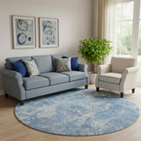 8' Blue And Ivory Abstract Washable Round Rug With UV Protection
