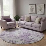 8' Lavender And Ivory Abstract Washable Round Rug With UV Protection