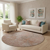 8' Salmon Gray And Ivory Abstract Washable Round Rug With UV Protection