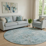 8' Teal Ivory And Gray Abstract Washable Round Rug With UV Protection