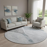 8' Sky Blue Gray And Silver Geometric Washable Round Rug With UV Protection