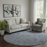 8' Blue And Gray Floral Washable Round Rug With UV Protection