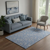 5' X 8' Denim Blue And Taupe Floral Washable Area Rug With UV Protection