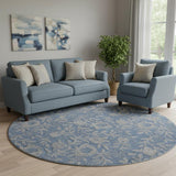 8' Denim Blue And Taupe Floral Washable Round Rug With UV Protection