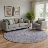 8' Eggplant And Gray Floral Washable Round Rug With UV Protection