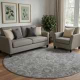 8' Gray And Charcoal Floral Washable Round Rug With UV Protection