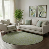 8' Olive Green And Gray Floral Washable Round Rug With UV Protection